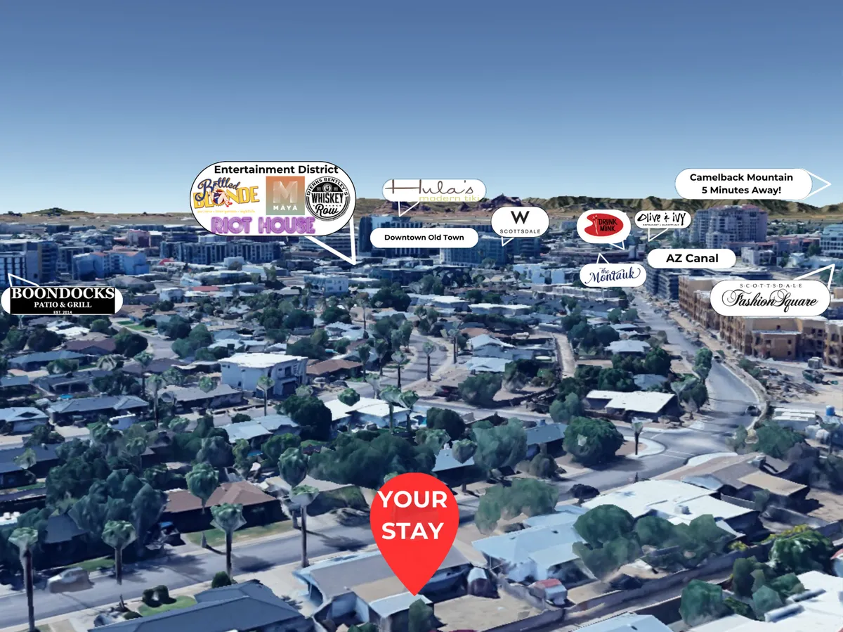 A panoramic view encompassing the Entertainment District, Camelback Mountain, Downtown Old Town, and the Arizona Canal. The image exudes vibrancy with visible restaurants, shopping areas, and scenic walking paths.